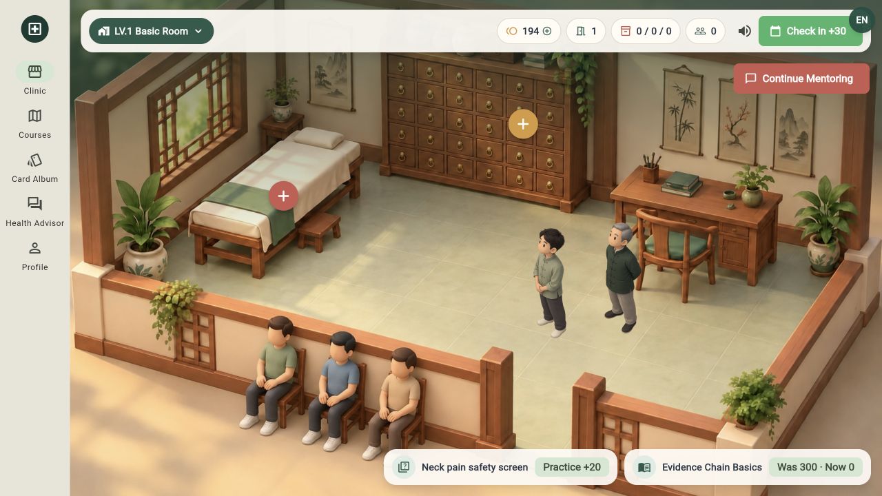 The Abricot game: a warm wooden clinic, knowledge cards and learning navigation